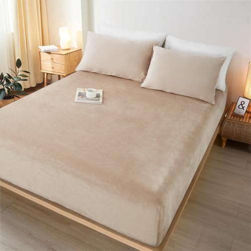 Sedefen Warme Spannbettlaken 90x200cm Beige Winter Flannell Bettlaken Plüsch Flauschige Cashmere Touch Boxspringbett Spannbetttuch für 25 bis 30cm Matraze
