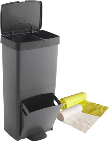 Pack Cubo de basura o reciclaje 70L, VERTICAL, 2 Compartimentos, Papelera residuos, 76 cm, fácil gestión, INCLUYE bolsas de basura adaptadas 5 rollos (75 bolsas) 30L + 5 rollos (75 bolsas) 10L
