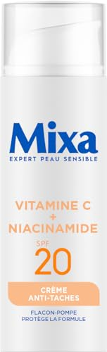 Mixa - Crème Anti-Taches SPF 20 à la Vitamine C et Niacinamide - Teints Ternes et Irréguliers - Éclaircissant Uniformisant - Texture Légère et Rafraîchissante - Flacon-Pompe Antioxydant - 50 ml