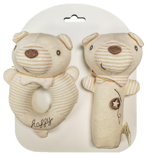 DoerSpace Peluche Suave, Oso Sonajero de Mano para Bebés, Juguete Sensorial, Sonajero para el Desarrollo de Niños Pequeños con Mango, Juguete de Peluche Suave para Campanas