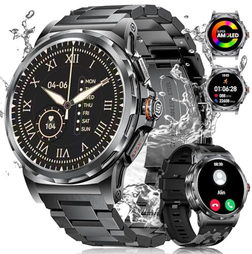 LIGE Military Smart Watch for Men(2 Straps),1.43HD AMOLED Rugged Smartwatch(Answer/Make Call) for Android iOS,Fitness Watch,Black Sport Watch with 120+ Sport Modes/IP68 Waterproof/Running/Heart Rate
