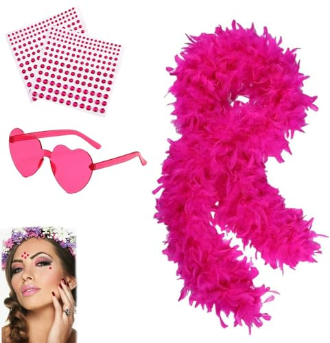 4Pcs Abba Accessories Set, 78.74in Feather Boa, Pink Feather Boa, Feather Bower, Feather Boas Multipack, Suitable For Ladies Dancing, Weddings, Parties, With Heart-Shaped Frameless Sunglasses