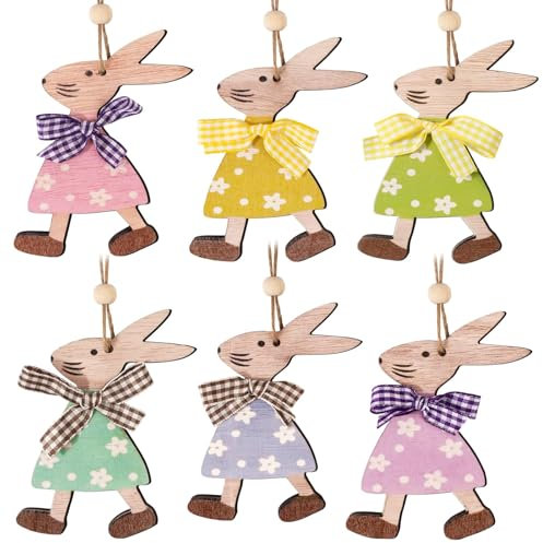BOFUNX 12pcs Ornamenti Pasquali Legno Ciondoli Pasquali Coniglietto Pendenti di Pasqua in Legno Decorazioni Pasquali da Appendere Artigianato per Albero di Pasqua