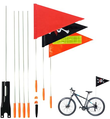Fahrradfahne für kinder Set mit Reflektor Wimpel, 3 Stück fahrrad fahne 180cm Fahrradwimpel Verstellbare, Sicherheitswimpel, Fahrrad Wimpel, fahne fahrradanhänger, Warnschild（Orange, Rot Und Piraten）