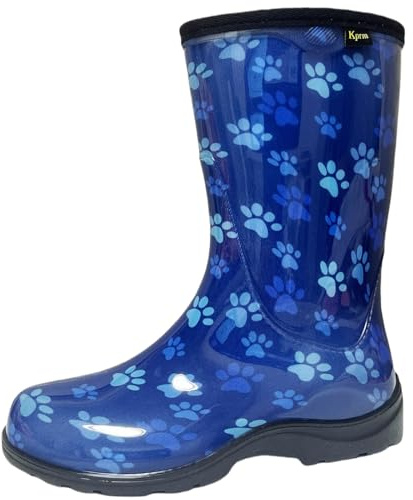 Kprm Women's Rain Boots Waterproof Mid Calf Rubber Garden Boots for Women Outdoor Mud Work with Comfort Insole (Paw Print Blue, 7)