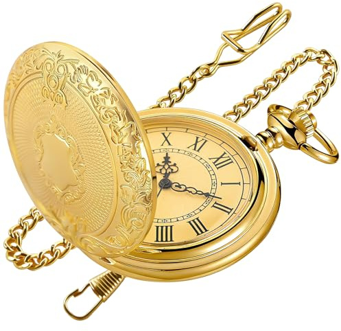 Tiong Vintage Shield Pocket Watch with Chain, Intricate Engraved Case & Roman Numeral Dial, Classic Retro Men's Quartz Pocket Watches