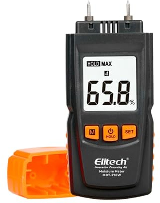 Elitech Misuratore di Umidità Digitale per Legno, Tester di Umidità per Legno Carta Bambù e Materiali da Costruzione, Precisione ± 2%, Sonda da 9,8 mm, Taratura Automatica, MOT-270W