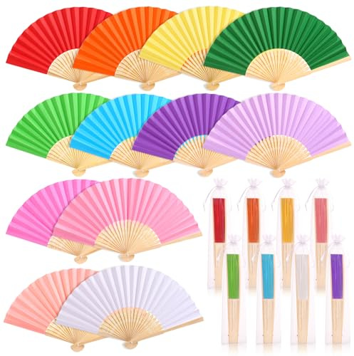 GWHOLE 12 Piezas Abanicos Colores Plegable de Mano Papel Multicolores Regalo Recuerdo Detalle para Invitados de Boda Fiesta o Baile Arte Madera