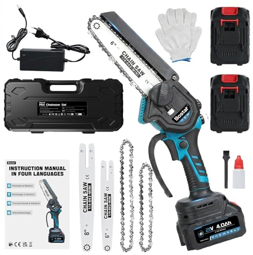 Bostar Motosega a Batteria 6 e 8 Pollici, Motore Brushless 1300W, 2 Batterie 4.0Ah (Compatibile Makita), Lubrificazione Automatica & Tensione Senza Attrezzi, Mini Sega Elettrica per Potatura Olivi