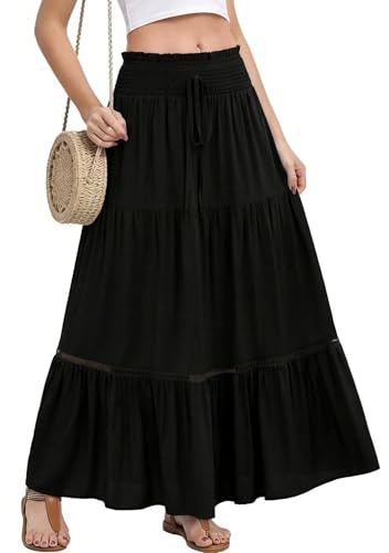 Fashora Jupe Longue d'été pour Femme Élastique Taille Haute Jupe Maxi Fluide A-Ligne Casual Élégante Jupe 2 en 1 Bohême Décontractée Vacances Plage (Noir, One Size)