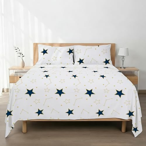 H HANSEL HOME Juego de Sábanas de Microfibra Cepillada, Sábana Bajera Ajustable Altura 30 cm, Encimera y Fundas de Almohada, para Cama 90cm, 3 Piezas 90x190/200cm - Estrellas