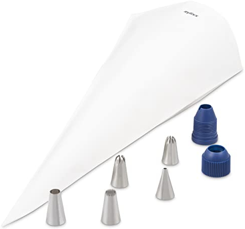 Zyliss E980215 Kit di Sacchetti per Tubazioni, Cotone, Acciaio Inossidabile, Plastica, Bianco, Argento, Blu, Per Decorare Torte, Glassa e Pasticceria, Include 5 Ugelli Intercambiabili