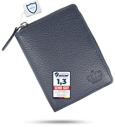 Baur Damen Geldbörse – Echtes Leder mit RFID-Schutz – Kleines Portemonnaie mit 6 Kartenfächern – Druckknopfverschluss & Münzfach mit Reißverschluss (Dunkelblau)