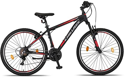 Chillaxx Bike Legend Aluminium 24, 26, 27,5 und 29 Zoll Shimano Mountainbike MTB Fahrrad für Jungen Mädchen Herren und Damen 21 Gang Schaltung Herrenrad Damenrad (26 Zoll, Schwarz-Rot V-Bremse)