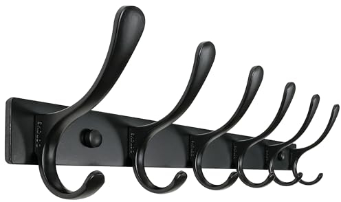 SKOLOO Coat Rack Wall Mounted - 6 Hooks, Heavy Duty, Stainless Steel, Metal Wall Coat Hanger, Sturdy Wall Hooks for Hanging Coat, Jacket, Clothes, Hat, Black