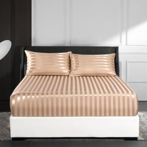 Satin Spannbettlaken 180x200 cm Boxspringbett Glanzsatin Gold Braun Glänzend Kühlende Luxus Muster Topper Bettlaken Glatt Seide Spannbetttücher Leintuch 180 x 200 Hohe Matratze bis 25-30 cm