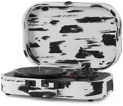 Crosley Discovery Bärbar skivspelare – Bluetooth-skivspelare, 3-växlad resväska vinylspelare, hemskivspelare för vinylskivor, inbyggda högtalare och Bluetooth-mottagare, AUX-ingång, svart och vit