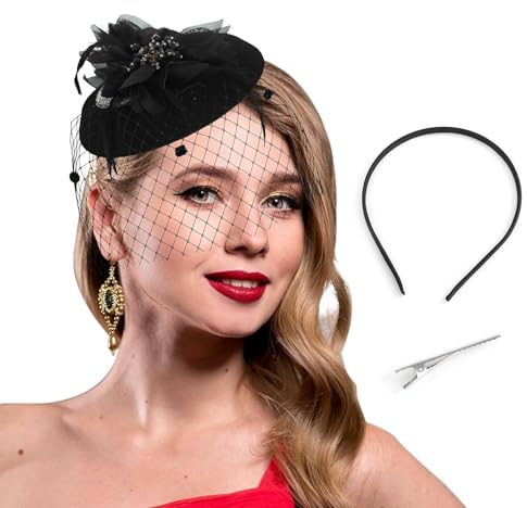 Bohend Fascinator Hut Blume Feder Schleier Vintage Derby Hüte Tea Party Hochzeit Haarschmuck mit Strasssteinen für Frauen und Mädchen (Polyester, schwarz)