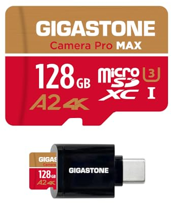 【5 Años Recuperación de Datos Gratis】 Micro SD GIGASTONE 128GB con Lector USB 3.2 Tipo C, 4K Pro MAX, hasta 120MB/s, Compatible con Gopro, dji, cámara de Coche, MicroSDXC UHS-I A2 V30 U3