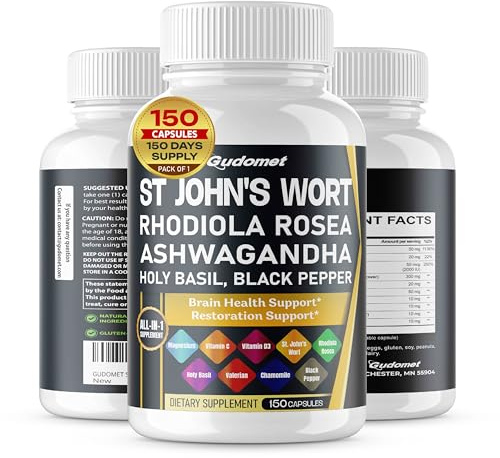 GUDOMET St. John's Wort Rhodiola Rosea Ashwagandha Holy Basil Valerian Chamomile Black Pepper -150 Capsules