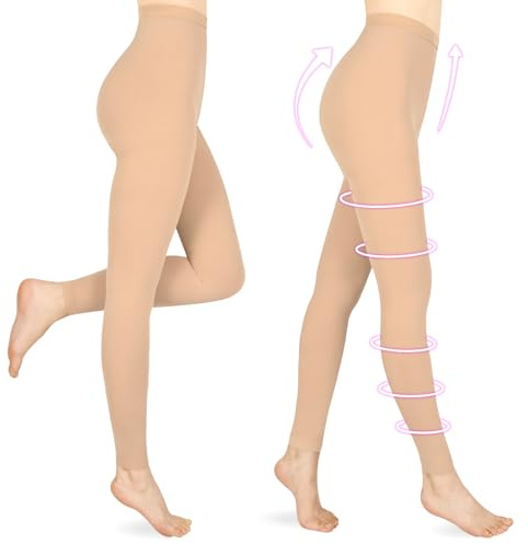 Wegitcs Compression Pantyhose for Women & Men, 2 Pairs Footless 20-30mmHg Medical Graduated Compression Leggings, Waist High Support Tights, Opaque Stockings for Varicose Veins Edema, Beige M
