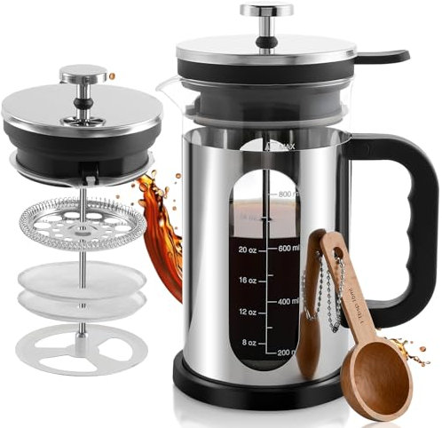 CHDEXU French Press Kaffeemaschine, 1000 ml, Borosilikatglas, Edelstahl, Kaffeebrauer mit wiederverwendbaren Filtern, tragbare Kaffeepresse für Küche, Reisen, Camping