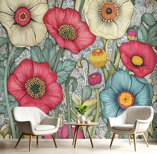 Amapolas Pintadas A Mano Papel Tapiz Fotográfico Efecto 3D, Plantas Barrocas Papel Pintado Gris Plata Fotografía Mural, 200X140Cm Pared Pintado Fotomural Dormitorio Sala Mural Decoración