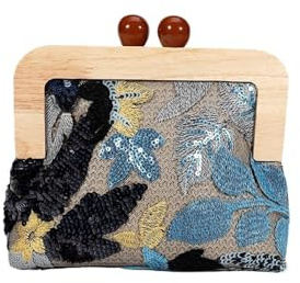 UBOHUZ Bolso de mano con bordado flores for mujer, bandolera clip madera, elegante, pequeño, for Para Mujer(Blue)
