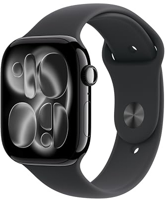 Apple Watch Series 11 GPS 46 mm med boett i Aluminium gagatsvart och Sportband i svart M/L. Sömnpoäng, träningsmätare, hälsoövervakning, skärm som alltid är på, vattentålig