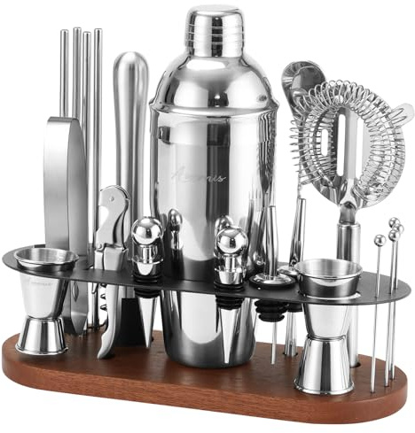 ASOVNIS Kit Shaker à Cocktails avec Support | Ensemble de 23 pièces pour Barman avec Tous Les Accessoires Essentiels : Shaker à Martini, doseur, pour la Maison, Le Bar et Les fêtes (Brown-Y)