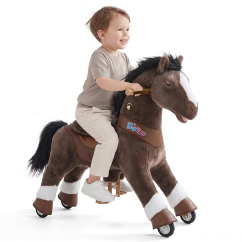 PonyCycle rida på hästleksak för barn 3–4 år, Advanced Model Y chokladfärgad rida på ponny för småbarn, plysch gunghäst med hjul och broms, inomhus- och utomhus födelsedagspresent till pojkar - Y376