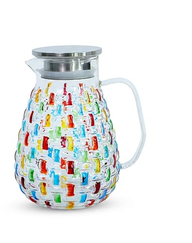 Pichet en verre cristal coloré peint à la main avec couvercle en acier inoxydable – Design de tissage coloré, carafe à eau, pichet à thé glacé, carafe d'eau chaude/froide, carafe à jus et thé glacé