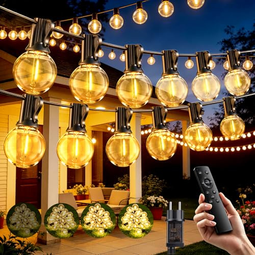 Guirnalda Luces Exterior Jardín 20M con Control Remoto, con 25+2 LED G40 Bombillas, Blanco Cálido, 3 Modos/Impermeable/Regulable/Sincronización, Guirnalda para Jardin, Terraza, Fiestas, Patio