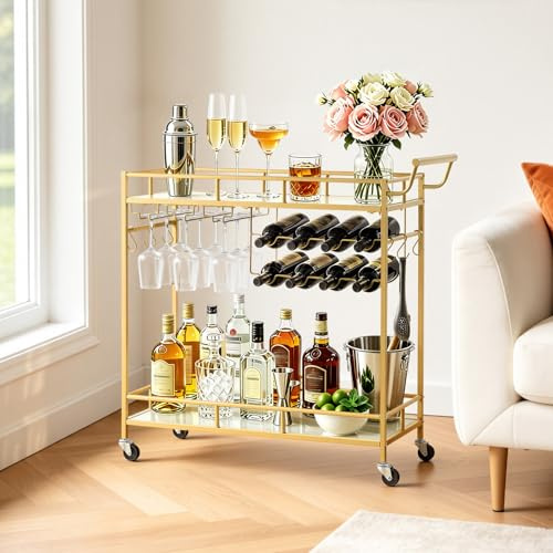 VEVOR Carrello Bar da Cucina, Carrello di Servizio 2 Ripiani Portabicchieri Portabottiglie con Maniglia, Beavnde Attrezzi da Bar, Soggiorno Sala da Pranzo Salotto, 880 x 350 x 890 mm, Colore Dorato