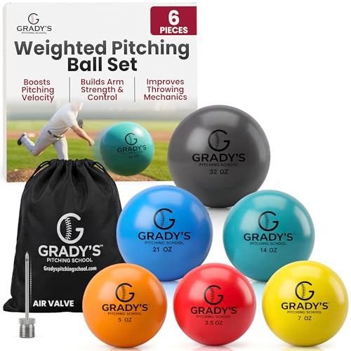 Grady's Pitching School Plyo Soft Shell - Set di palle ponderate da 32, 21, 14, 7, 5 e 3,5 once, per allenamento di velocità di lancio e lancio per baseball e softball