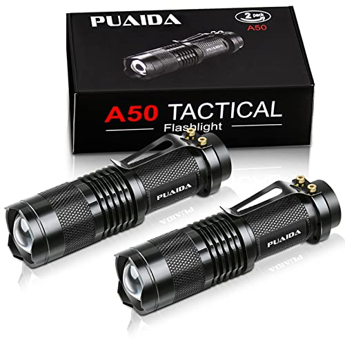 PUAIDA Mini LED Taschenlampe Kinder, Superhelle Zoombar Taschenlampe Batteriebetrieben mit 3 Modi, Wasserdichte LED Handlampe für Kinder, EDC, Geschenk, Angeln, Wandern und Camping (2 Stück)