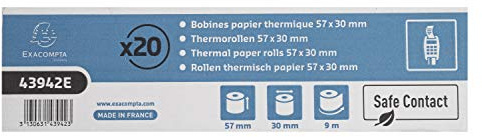 Exacompta - Ref 43942E - Förpackning med 20 återvunna SafeContact termorullar bredd: 57mm, längd 9m, kärndiameter 12mm, 52g/m² värme-, ljus- och fuktbeständig blågrå kortbetalning