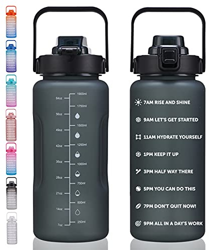 Half Gallon/64oz Large Water Bottles with Motivational Time Marker, Removable Straw & Handle, Leakproof & BPA Free Gradient Frosted Water Jug for Women Men to Fitness, Gym, Workout, Outdoor Sports