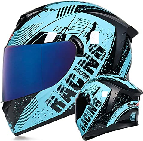 Motorbike Helmets Mens Full Face Motorcycle Helmet DOT/ECE Approved Cyan Blue Moped Street Bike Racing Crash Helmet with Drop Down Visor Lightweight Full Helmet for Motor Scooter Blue Lens,M