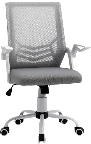 Vinsetto Office Chair with Flip-up Armrest, Mid Back Desk Chair with Mesh Back, Lumbar Support, Adjustable Height, Swivel Wheels for Home, Grey