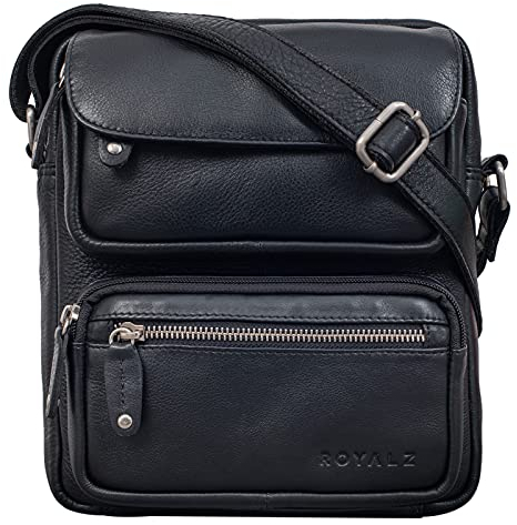 ROYALZ 'Florida' Schultertasche Herren Klein Leder Vintage Look Kleine Umhängetasche Männer mini Messenger Bag Ledertasche, Farbe:Schwarz