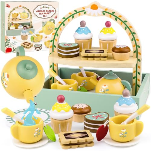 Wooden Tea Sets for Little Girls Play Food Cake Toys Toddlers 3-5 Kitchen Accessories Pretend Play Princess Playset for 3 4 5 6 Year Old Girl Boy Party Birthday Gift