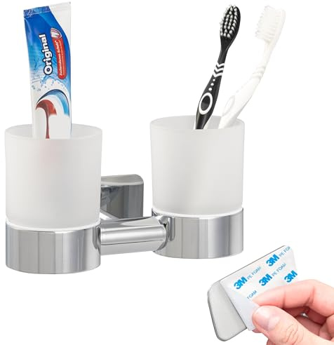 bremermann Bad-Serie Lucente Tape - Doppel-Glasbecherhalter selbstklebend Glas & Edelstahl, hochglänzend - kein Bohren 3M Klebebefestigung Zahnputzbecher