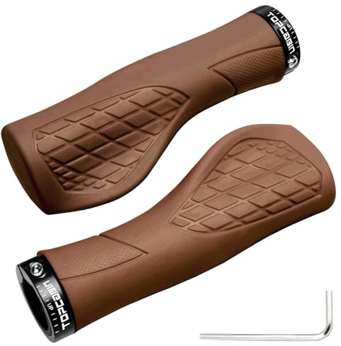 TOPCABIN Bicycles Handlebar Grips, Aluminum Lock-on Ergonomic Bike Grips, Cushion Vibrations Comfort Bike Handlebar Grips, Mountain MTB BMX Bicycles Grips for Scooter (Ergonomic Rubber(Brown))
