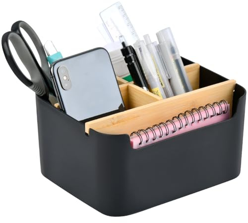 Portaoggetti da Scrivania in Legno, OctBird Organizer di Tavoli con 5 Scomparti con Portapenne, Organizer Multimediale da Tavolo Scatola Portaoggetti per Penne, Cosmetici, Appunti, Nero