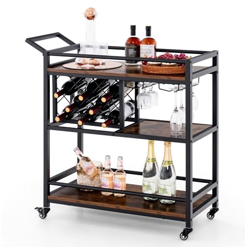 COSTWAY Serving Trolley on Wheels, 3-Tier Rolling Bar Cart with Wine Rack, Glass Holder and Convenient Handle, Industrial Drinks Storage Trolley for Home Kitchen Bar, 91 x 36 x 92cm (Rustic Brown)