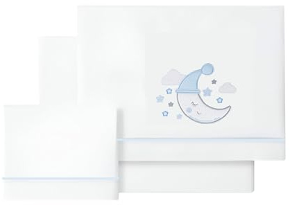 various Set Lenzuola Lettino Neonato 60x120 cm, 100% Cotone Extra Morbido, Include Lenzuolo con Angoli, Lenzuolo Sopra e Federa, Biancheria Letto Bambino Traspirante luna colore BCO/blu