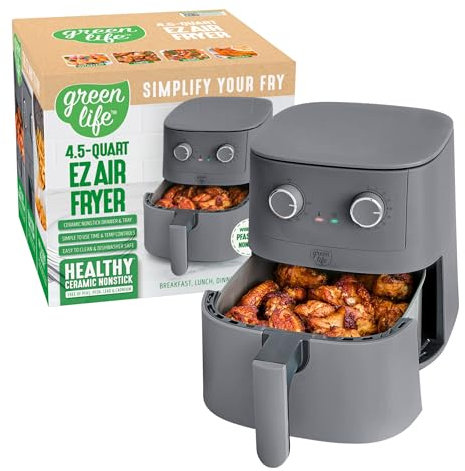 GreenLife 4.5QT Air Fryer, Mechanical Dial Controls, PFAS-Free Ceramic Nonstick Drawer, Adjustable Temp & Timer, LED Indicator, Oil-Less Cooking, Dishwasher Safe, Compact Family Size, Graphite