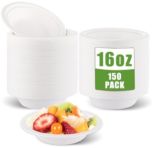 DAJAVE 150 Pcs Paper Bowls 16oz Disposable Bowls for Hot Food, Eco-Friendly Party Bowl Paper Bowl Biodegradable Compostable Tableware for Party, Picnic, BBQ