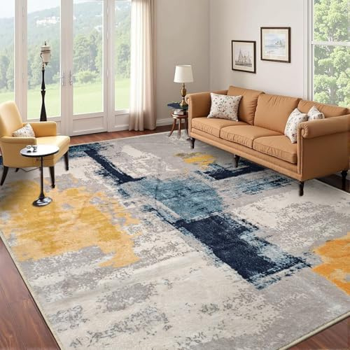 Tapis Design Tappeto Astratto Lavabile e Antiscivolo per Soggiorno, Camera da Letto, Ufficio, Beige Senape, Blu Marina, 120 x 180 cm
